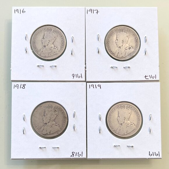 1916, 1917, 1918 & 1919 Canada Sterling Silver 4 x 25¢ Coins! - Picture 2 of 13
